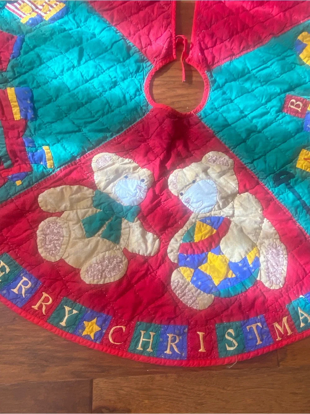Vintage Teddy Bear and Train Quilted Christmas Tree‎ Skirt - Red, Blue & Green